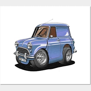 Cartoon drawings of Morris Mini 1000 Blue Posters and Art